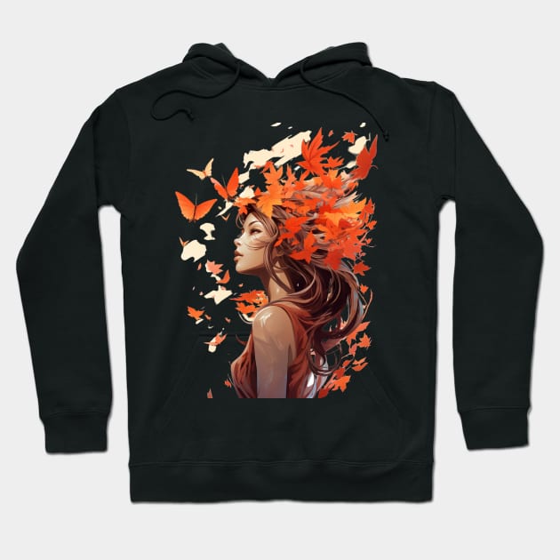 Girl With Butterflies And Leaves  in Her Hair Fall Girl Hoodie by Positive Designer